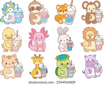 Set Vector Stock Illustrations Isolated of Baby animals.
Cute animals with various activities.
Funny sticker of animal kids.
baby animals bring a milkshake