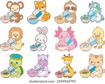 Set Vector Stock Illustrations Isolated of Baby animals.
Cute animals with various activities.
Funny sticker of animal kids.
baby animals pouring a milk into cereal
