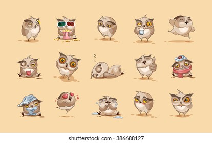 Set Vector Stock Illustrations isolated Emoji character cartoon owl stickers emoticons with different emotions for site, infographics, video, animation, websites, e-mails, newsletters, reports, comics