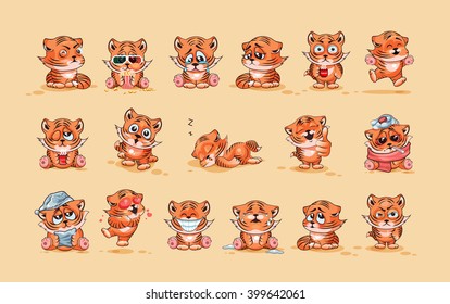 Set Vector Stock Illustrations isolated Emoji character cartoon Tiger cub sticker emoticons with different emotions for site, infographics, video, animation, website, e-mail, newsletter, report, comic