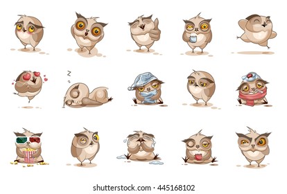 Set Vector Stock Illustrations isolated Emoji character cartoon owl stickers emoticons with different emotions for site, infographics, video, animation, websites, e-mails, newsletters, reports, comics
