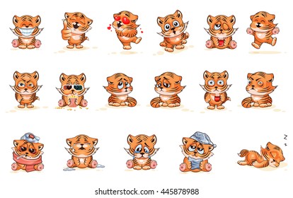 Set Vector Stock Illustrations isolated Emoji character cartoon Tiger cub sticker emoticons with different emotions for site, infographics, video, animation, website,On a white background