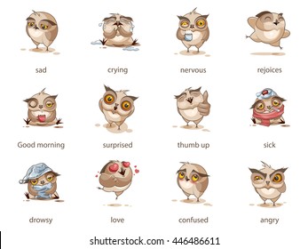 Set Vector Stock Illustrations isolated Emoji character cartoon owl stickers emoticons with different emotions for site, infographics, video, animation, websites, e-mails, newsletters, reports, comics