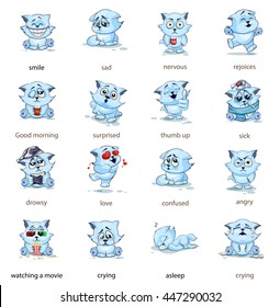 Set Vector Stock Illustrations isolated Emoji character cartoon Cat stickers emoticons with different emotions for site, infographics, video, animation, websites, e-mails, newsletters, reports, comics