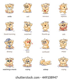 Set Vector Stock Illustrations isolated Emoji character cartoon dog stickers emoticons with different emotions for site, infographics, video, animation, websites, e-mails, newsletters, reports, comics