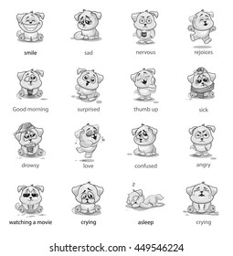 Set Vector Stock Illustrations isolated Emoji character cartoon dog stickers emoticons with different emotions for site, infographics, video, animation, newsletters, reports, comics. black and white