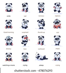 Set Vector Stock Illustrations aislado Emoji caricatura panda emoticonos con diferentes emociones para sitios, infografías, video, animación, sitios web, correos electrónicos, boletines, cómics