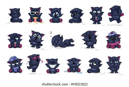 Set Vector Stock Illustrations isolated Emoji character cartoon black cat stickers emoticons with different emotions for site, infographics, animation, websites, e-mails, newsletters, reports, comics