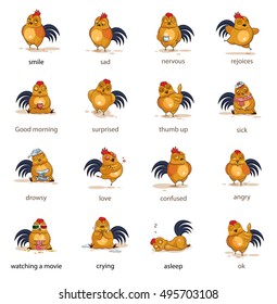 Set Vector Stock Illustrations isolated Emoji character cartoon Cock stickers emoticons with different emotions for site, info graphics, video, animation, websites, mails, newsletters, reports, comics