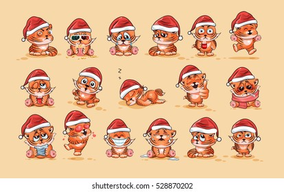 Set Vector Stock Illustrations isolated Emoji character cartoon Tiger cub sticker emoticons with different emotions in the cap of Santa Claus for the greetings Merry Christmas and Happy New Year
