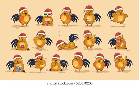 Set Vector Stock Illustrations isolated Emoji character cartoon Cock stickers emoticons with different emotions in the cap of Santa Claus for the greetings Merry Christmas and Happy New Year