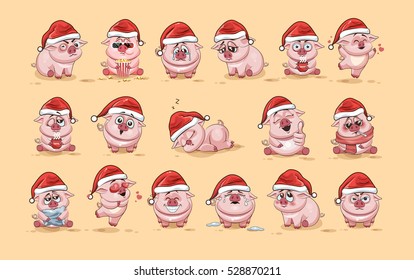 Set Vector Stock Illustrations isolated Emoji character cartoon Pig stickers emoticons with different emotions in the cap of Santa Claus for the greetings Merry Christmas and Happy New Year