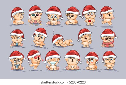 Set Vector Stock Illustrations isolated Emoji character cartoon dog stickers emoticons with different emotions in the cap of Santa Claus for the greetings Merry Christmas and Happy New Year