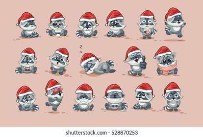 Set Vector Stock Illustrations isolated Emoji character cartoon Raccoon cub sticker emoticons with different emotions in the cap of Santa Claus for the greetings Merry Christmas and Happy New Year