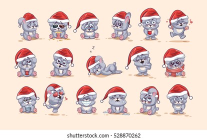 Set Vector Stock Illustrations isolated Emoji character cartoon Gray leveret stickers emoticons with different emotions in the cap of Santa Claus for the greetings Merry Christmas and Happy New Year