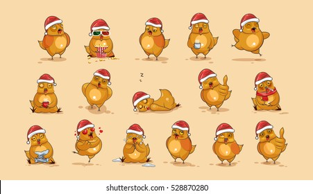 Set Vector Stock Illustrations isolated Emoji character cartoon Hen stickers emoticons with different emotions in the cap of Santa Claus for the greetings Merry Christmas and Happy New Year