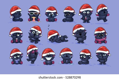 Set Vector Stock Illustrations isolated Emoji character cartoon black cat stickers emoticons with different emotions in the cap of Santa Claus for the greetings Merry Christmas and Happy New Year