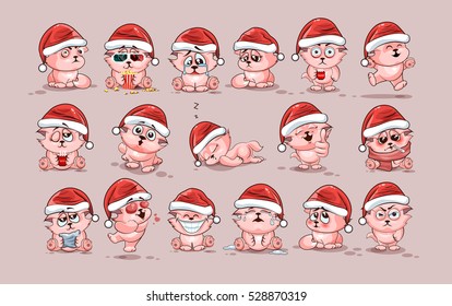 Set Vector Stock Illustrations isolated Emoji character cartoon Cat stickers emoticons with different emotions in the cap of Santa Claus for the greetings Merry Christmas and Happy New Year