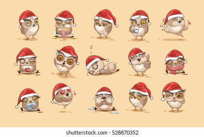 Set Vector Stock Illustrations isolated Emoji character cartoon owl stickers emoticons with different emotions in the cap of Santa Claus for the greetings Merry Christmas and Happy New Year