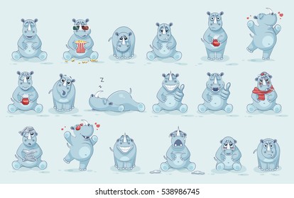 Set Vector Stock Illustrations isolated emoji character cartoon rhinoceros stickers emoticons with different emotions for site, info graphics, video, animation, website, newsletter, reports, comics