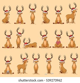 Set Vector Stock Illustrations isolated emoji character cartoon deer stickers emoticons with different emotions in the cap of Santa Claus for the greetings Merry Christmas and Happy New Year