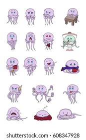 Set Vector Stock Illustrations isolated Emoji character cartoon jellyfish stickers emoticons with different emotions, situations and poses.