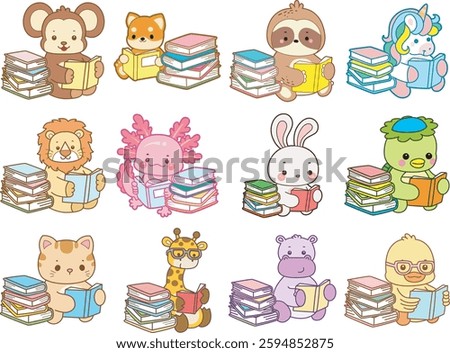 Set Vector Stock Illustrations Isolated of Baby Animals.
Cute animals with various activities.
Funny sticker of animal kids.
animals with a lot of books
