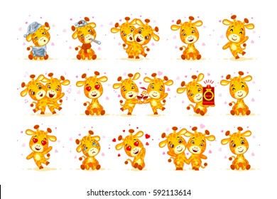 Set Vector Stock isolated Emoji have date let's go out marry me hello hi waving in love sleepy you are cute dance miss sick hugs be mine drink party friend character cartoon giraffe stickers emoticon