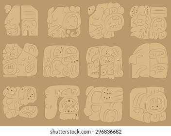 Set of vector stone frescoes in the ancient style of the Maya
