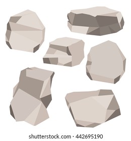 Set of vector stones. Different boulders isolated on white background. Flat cartoon vector illustration.