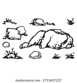 Un conjunto de piedras de Vector y hierba estilizada