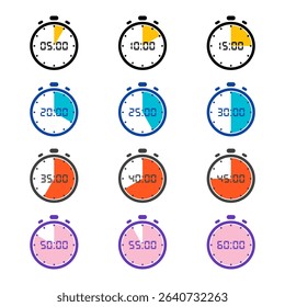Set of vector stopwatch icons with various countdown times. Includes 5, 10, 15, 25, 30, 45, and 60 minutes in different colors. Perfect for apps, fitness, sports, or infographics.