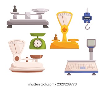 Set Of Vector Store Scales, Mechanical And Electronic Tools For Accurately Measuring And Weighing Goods In Retail Environments, Ensuring Fair Transactions And Efficient Inventory Management