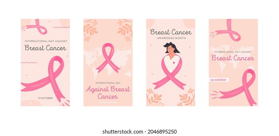 Set of vector stories template for International Day Against Breast Cancer. Collection of banners for social media. Breast Cancer Awareness Month campaign with pink ribbons. Flat style Illustration.