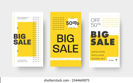 Set of vector story templates for big sale, special offers. Template with yellow and black arrows and text. Design for publishing in mobile applications. social media