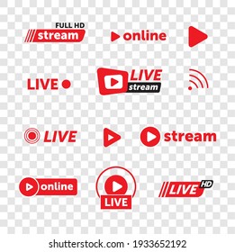 set of vector streaming and live icons in red on transparent background