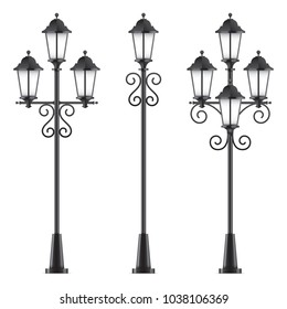 Set of vector street lamps. Black vector lampposts, isolated on a white background.