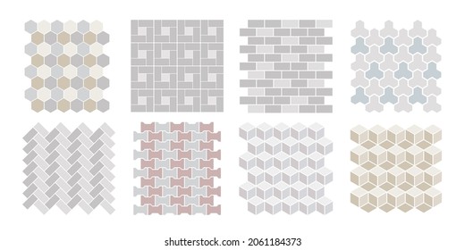Set of vector street pavements, brick, architectural elements. Top view. Collection of pavement textures. Paving stone pattern for plan, garden, game, map, landscape design. Rock stones