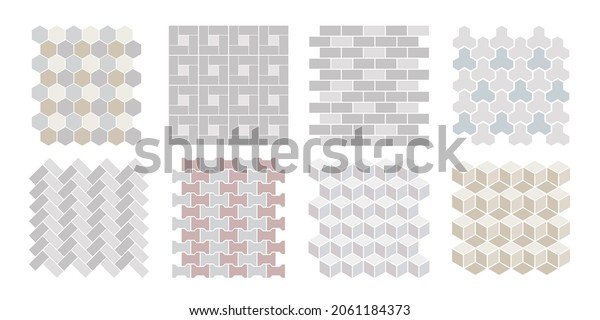 Set of vector street pavements, brick,\
architectural elements. Top view. Collection of pavement textures.\
Paving stone pattern for plan, garden, game, map, landscape design.\
Rock stones