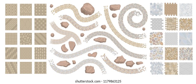 Set of vector street pavements and stones. (Top view) Collection for landscape design, plan, maps. (View from above)