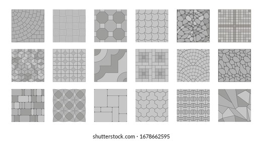 Set of vector street pavements. Top view. Collection of seamless patterns. Paving slabs. View from above.