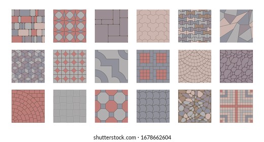 Set of vector street pavements. Top view. Collection of seamless patterns. Paving slabs. View from above.