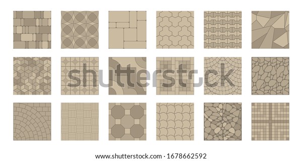 Set of vector\
street pavements. Top view. Collection of seamless patterns. Paving\
slabs. View from above.