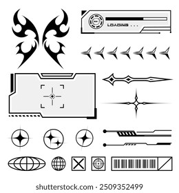 Set of vector streetwear cyberpunk and tribal elements for clothing and poster design