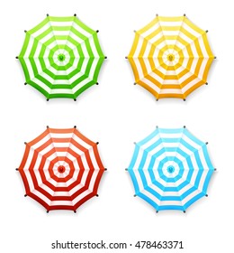 Set of vector striped beach or market umbrellas in vibrant colors: red, blue, yellow and green