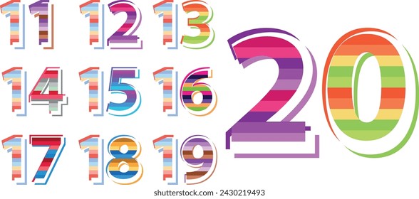 set of vector striped pastel color numbers 11,12,13,14,15,16,17,18,19 and 20. pastel color numbers vector illustration.