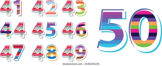 set of vector striped pastel color numbers 41,42,43,44,45,46,47,48,49 and 50. pastel color numbers vector illustration.