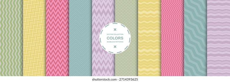 Conjunto de patrones de tela de chevron sin costuras a rayas de Vector - diseño geométrico brillante. Textil texturas en zigzag. Coloridos fondos retro lineales