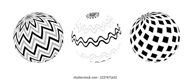 Set of vector striped spheres. Balls with black and white lines and patterns. Optical illusion.
