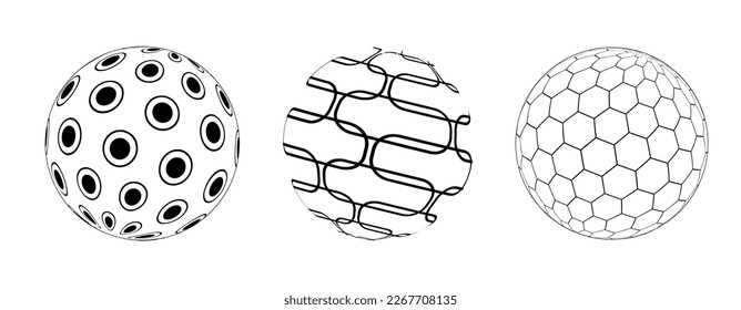 Conjunto de esferas vectoriales rayadas. Bolas con líneas y patrones en blanco y negro. Ilusión óptica.